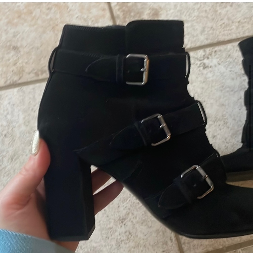 SAINT LAURENT Black Suede Buckle Ankle Boots w/ buckles